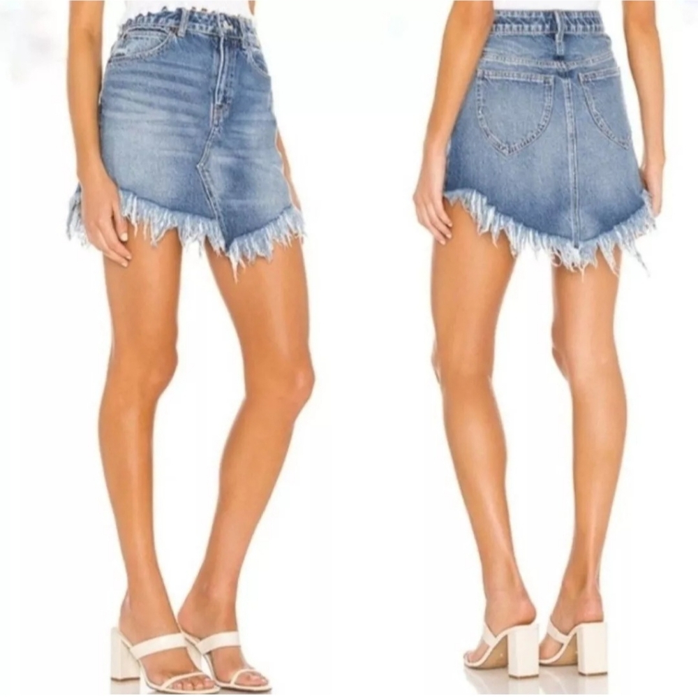 We The Free Womens Size 26 Bailey Fringe Western Blue Denim Jean Mini Skirt